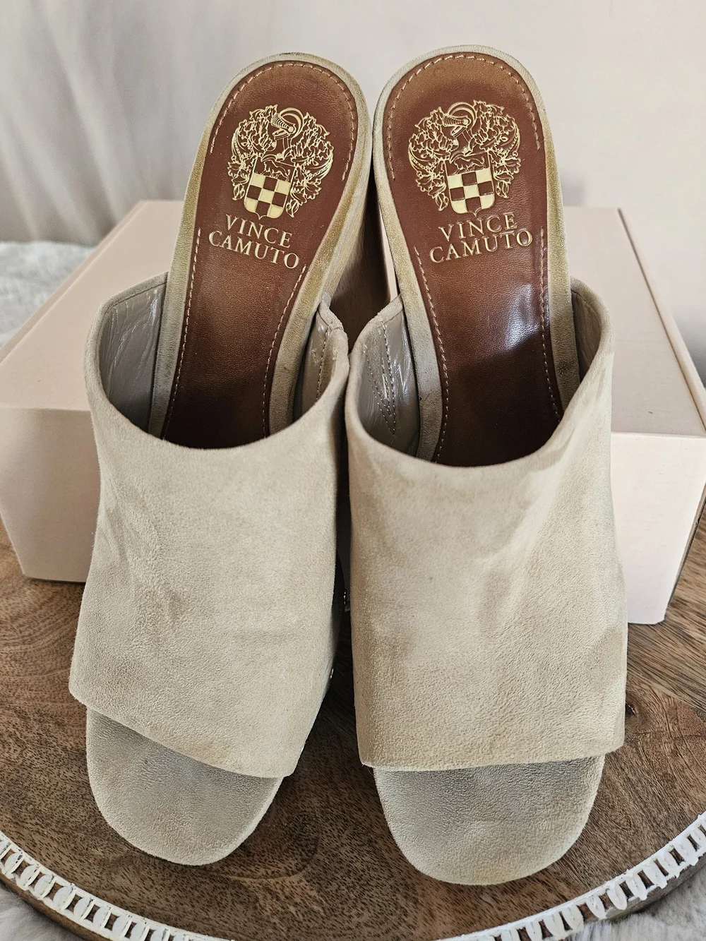 Vince Camuto Beige Suede Platform Mule Heels